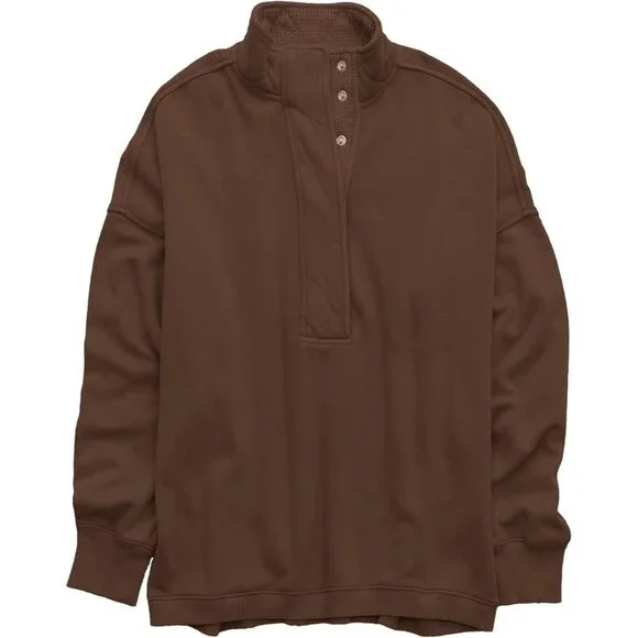 Women's Coffee Oversized Casual Long Sleeve Henley Neck Pullover Sweatshirt - Picture 6 of 6